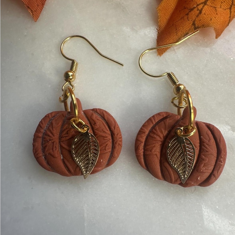 Orange Pumpkin Dangle Earrings with Gold Leaf Charm